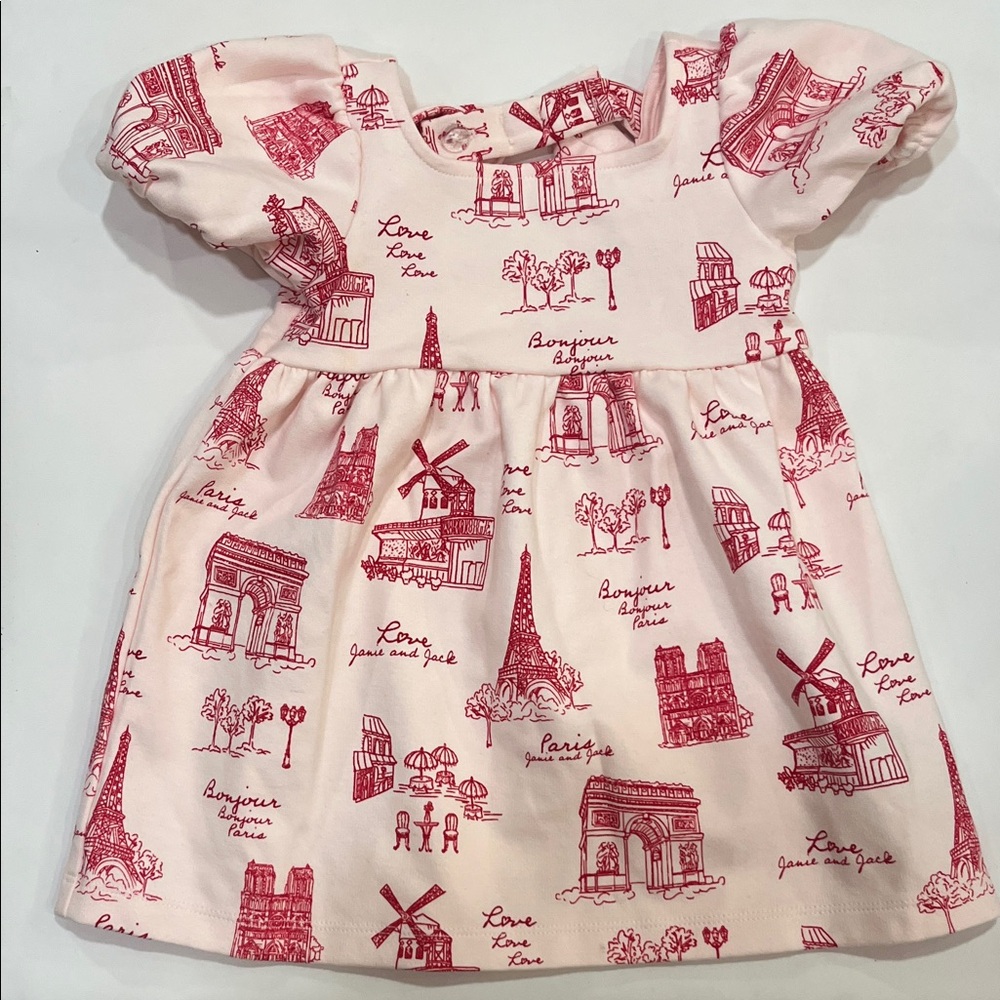 Janie and Jack Pink  and Red Parisian Print Baby Dress 12 to 18 months
